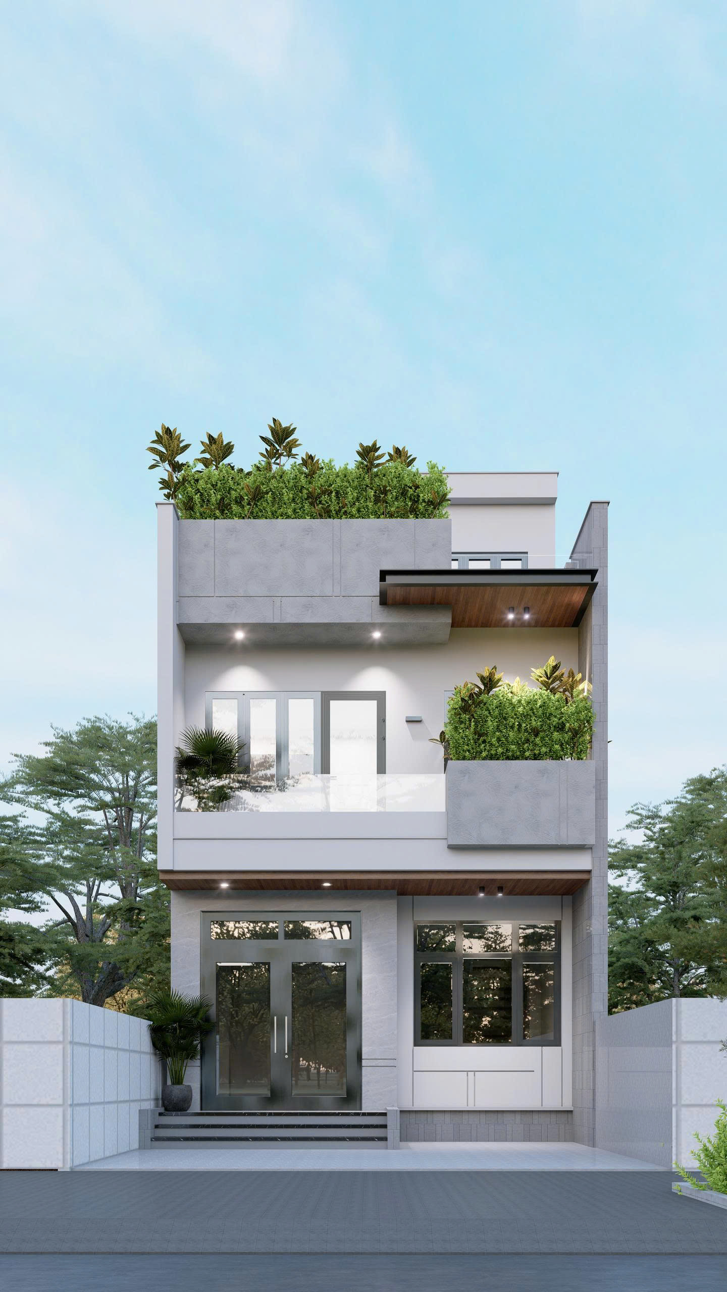 Mặt tiền mẫu nhà ống 3 tầng hiện đại thiết kế không gian xanh thoáng đãng tại iDome Design